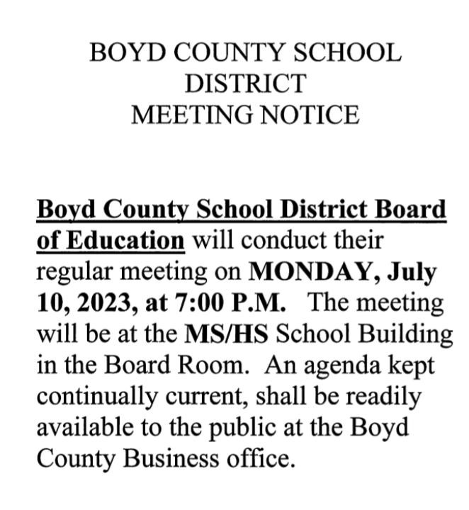 Boyd County Schools July Board Meeting Notice